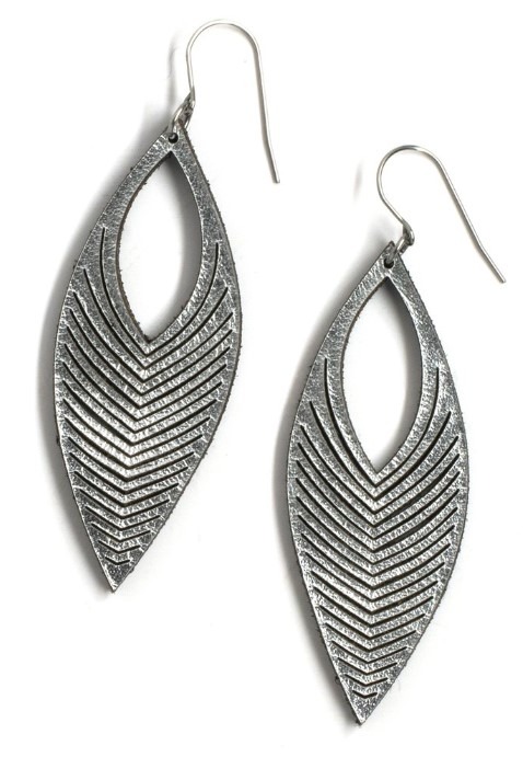 Silver chevron laser cut leather earring made in USA