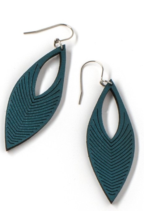 Teal laser cut leather chevron earring made in USA