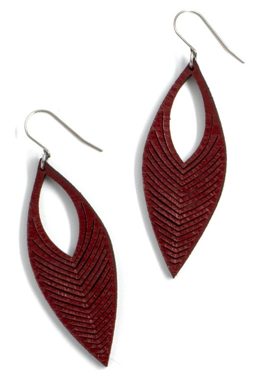 red laser cut leather chevron earring made in USA