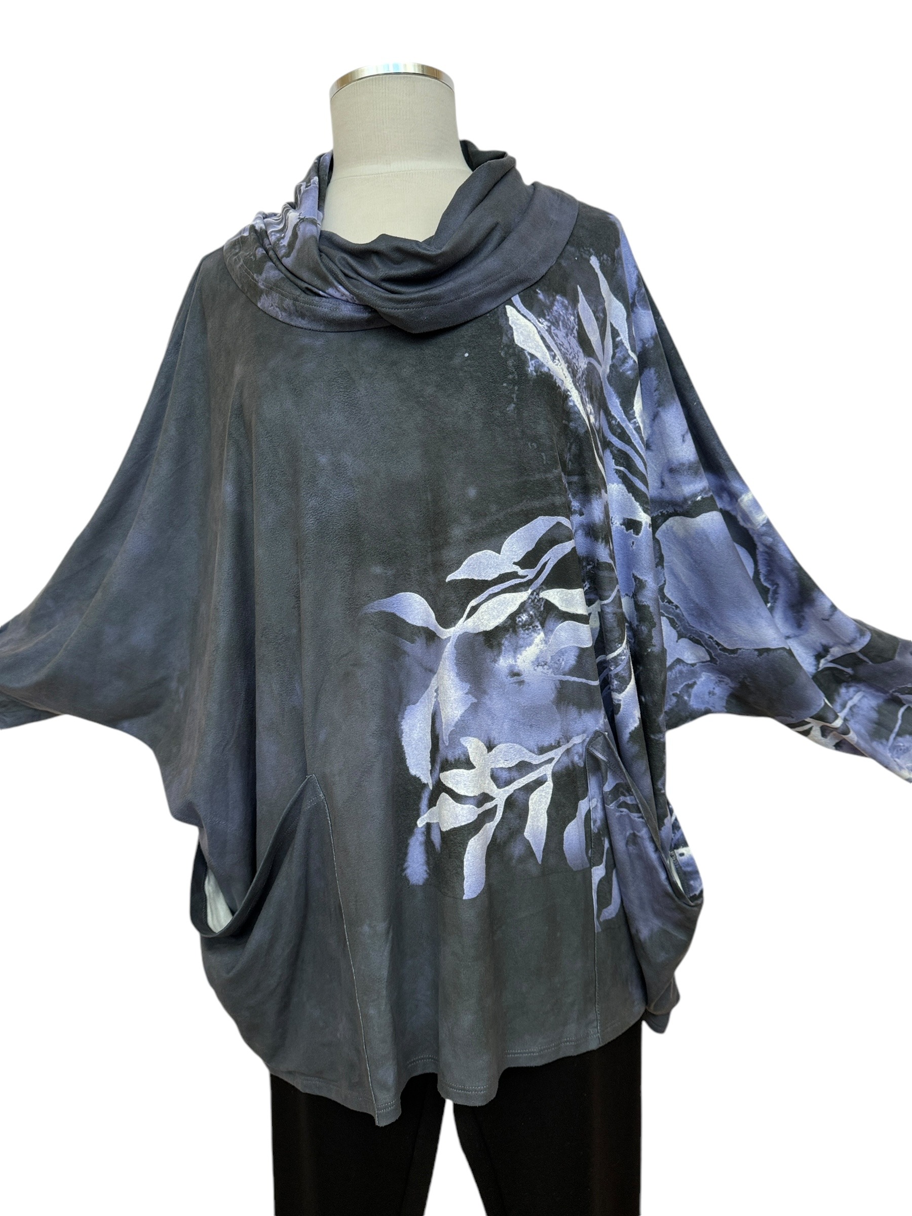 Dolman sleeve of Wearable art cowl neck top in grey & purple from Ukrainian artist