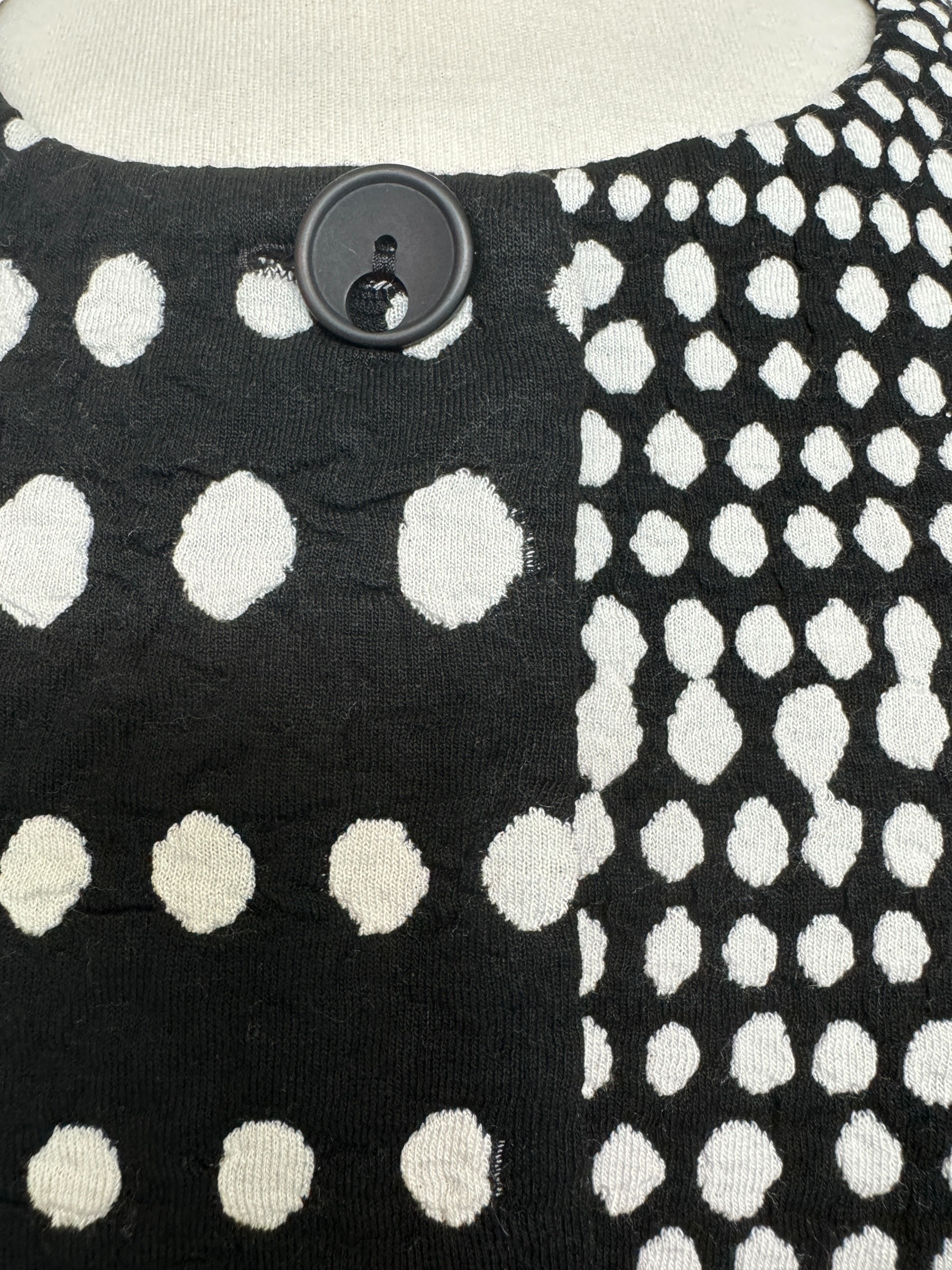 fabric photo of black & white polka dot knit jacket