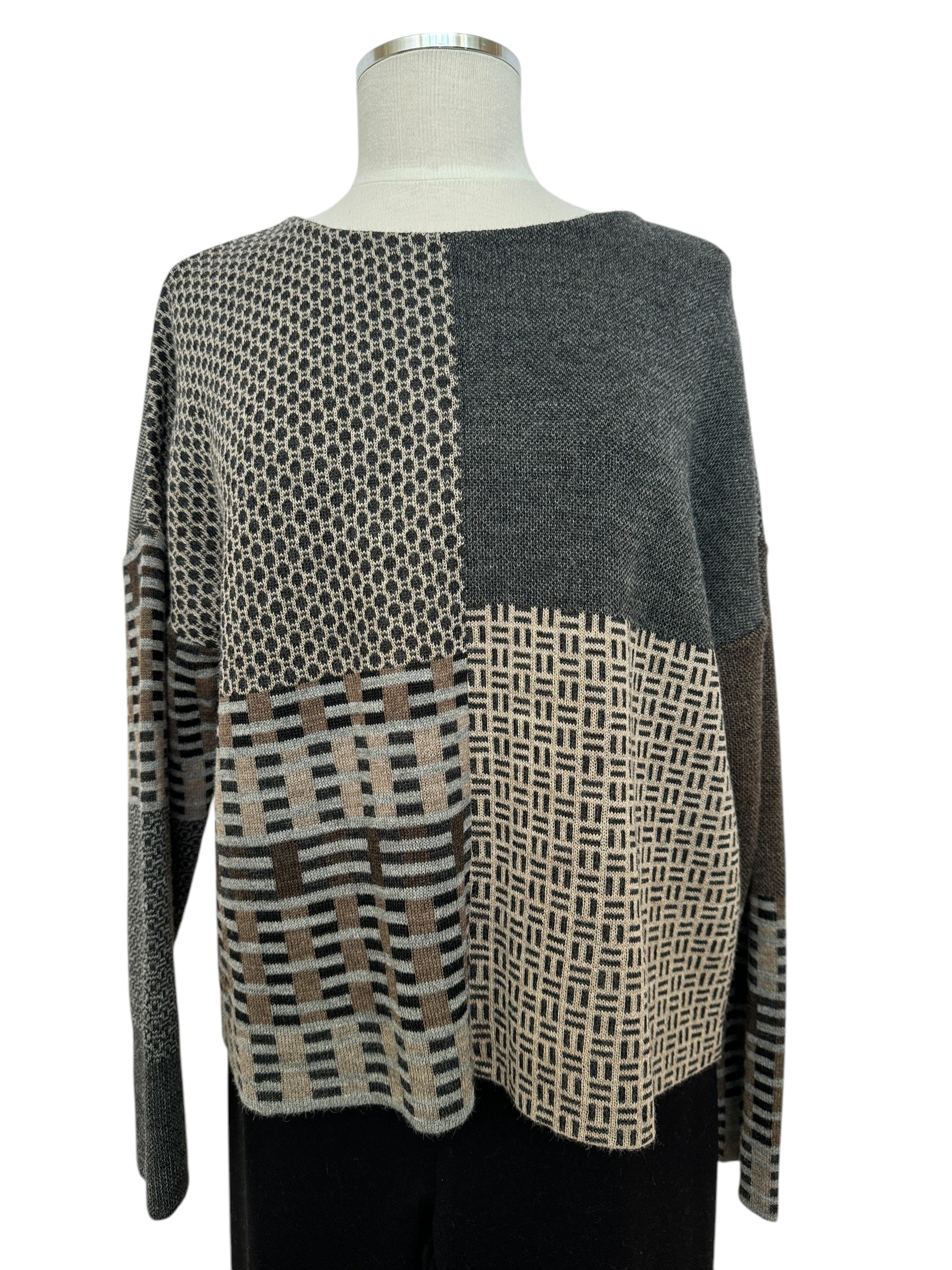 Front view of baby alpaca sweater in brown, black & charcoal