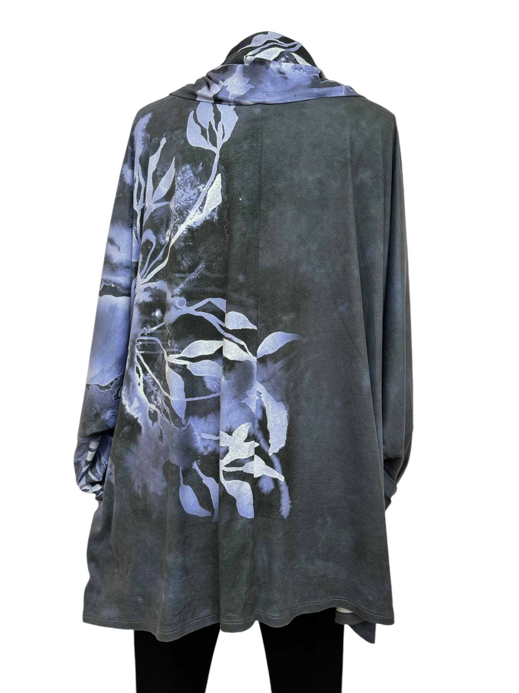 The back photo of Wearable art cowl neck top in grey & purple from Ukrainian artist