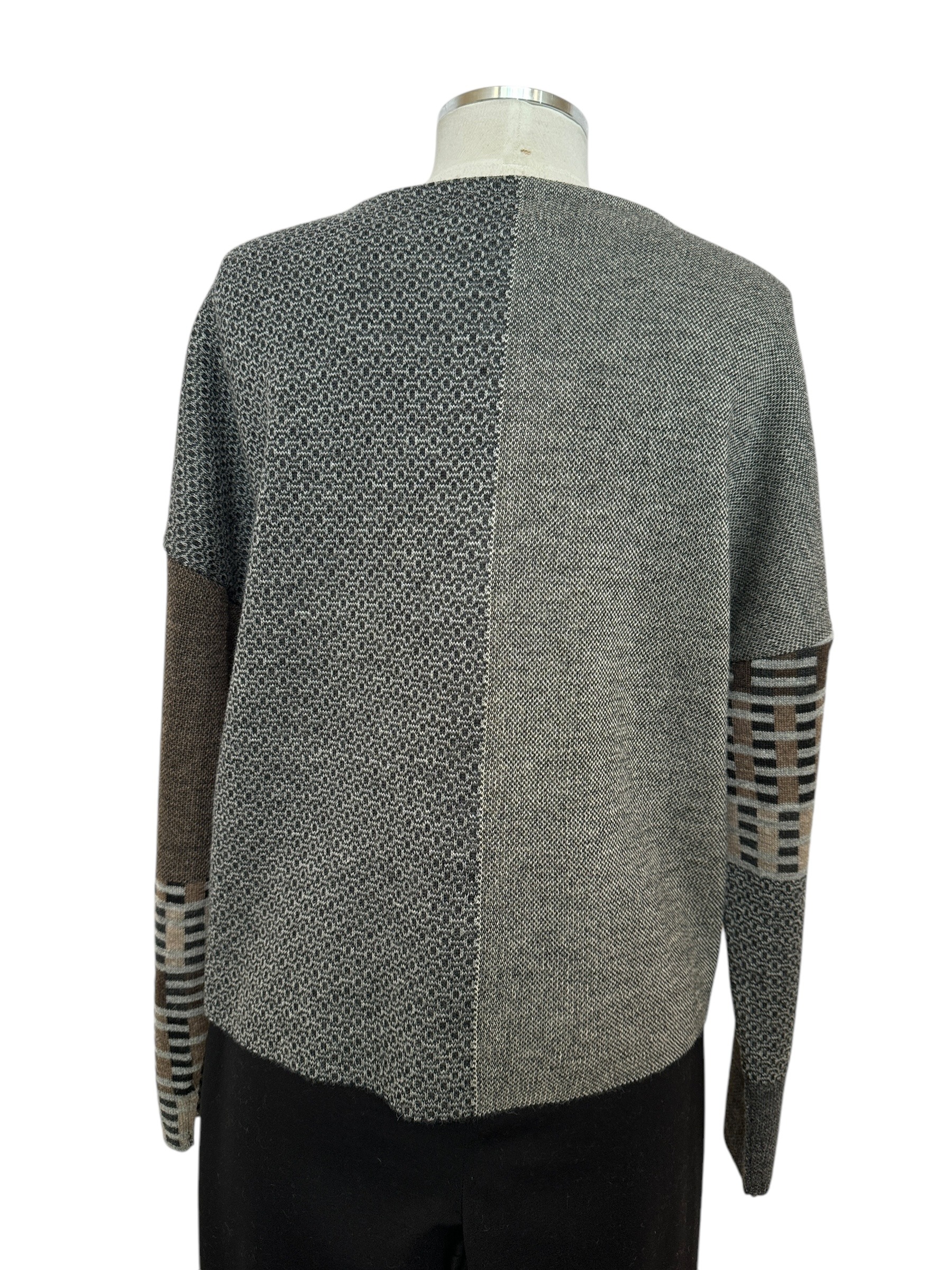 Back view of baby alpaca sweater in brown, black & charcoal