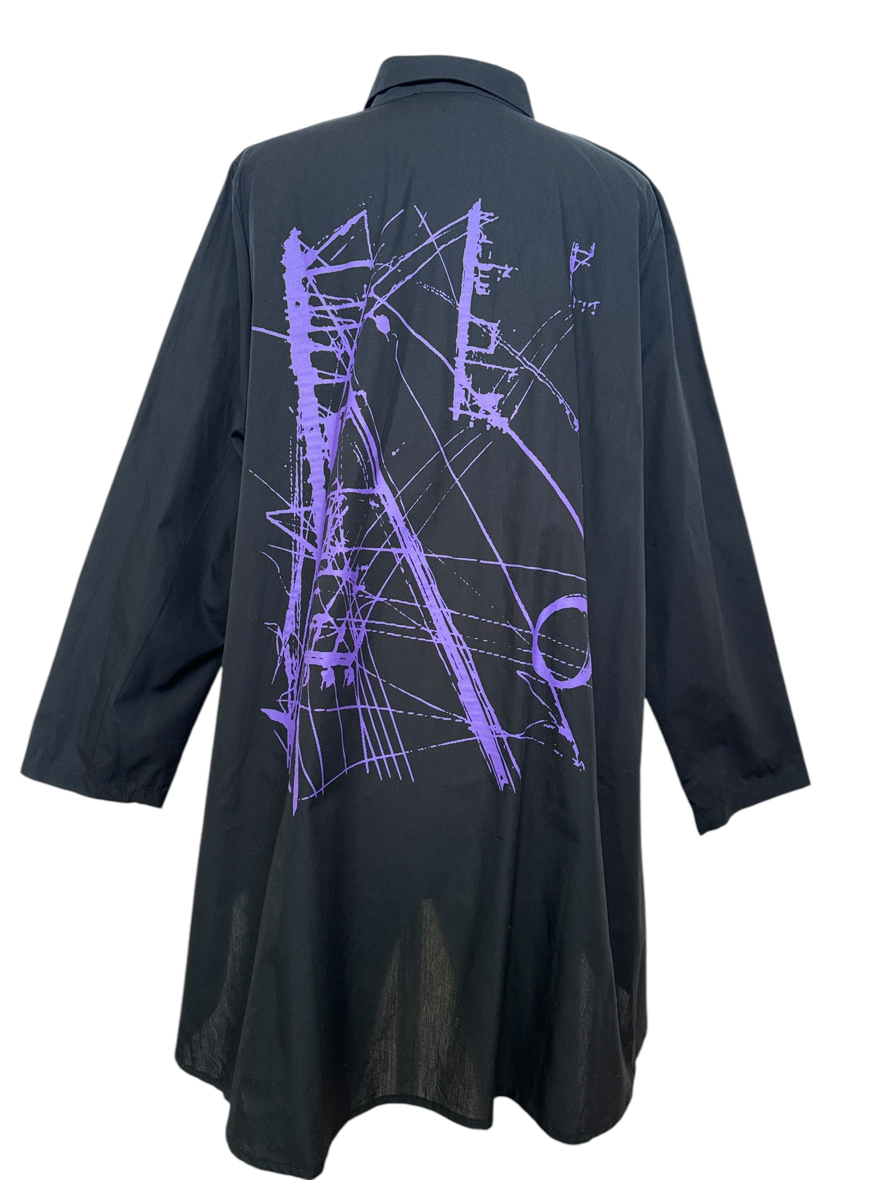 Back of Black cotton blouse with purple paint splatter