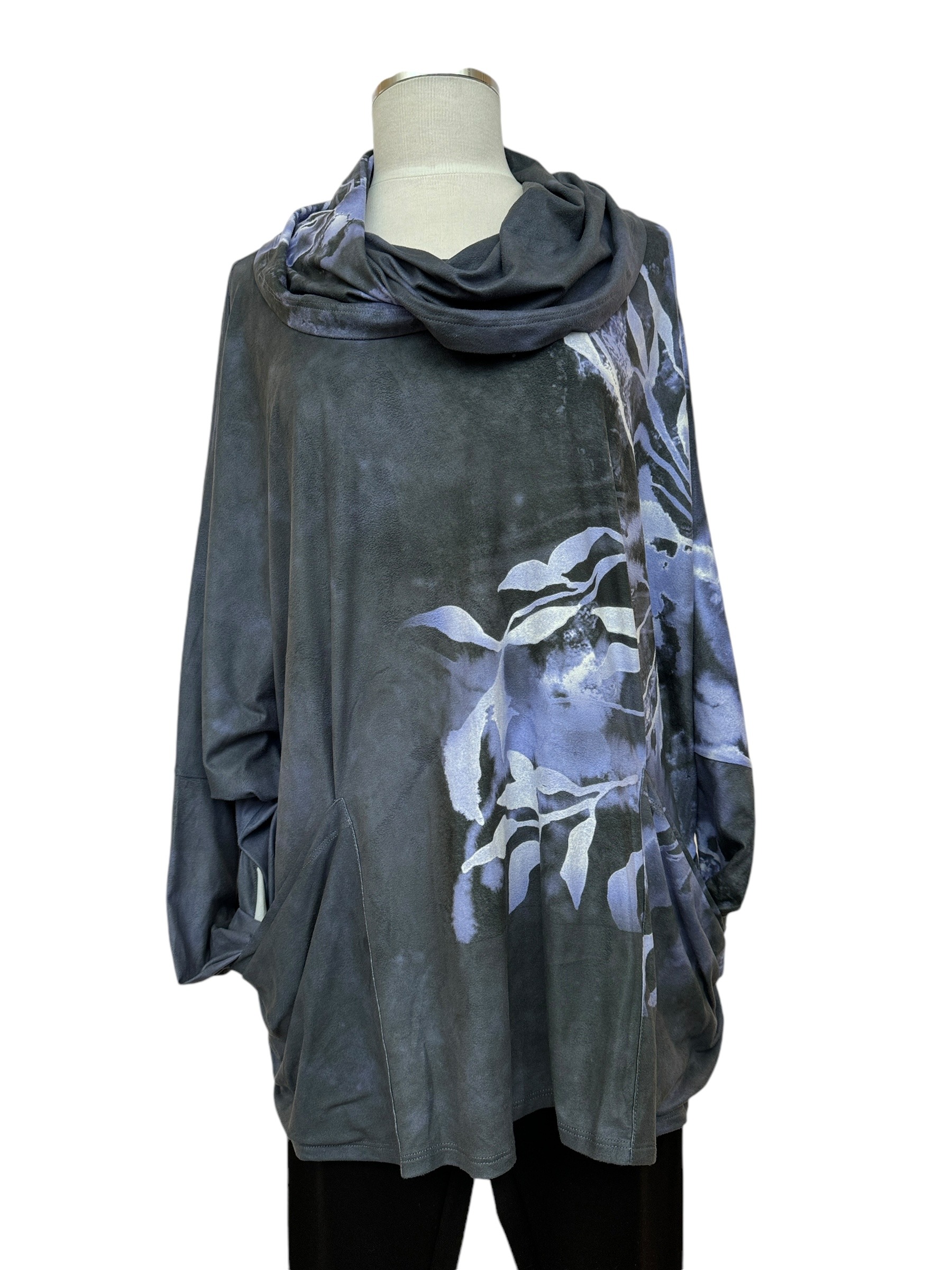 front pockets on Wearable art cowl neck top in grey & purple from Ukrainian artist