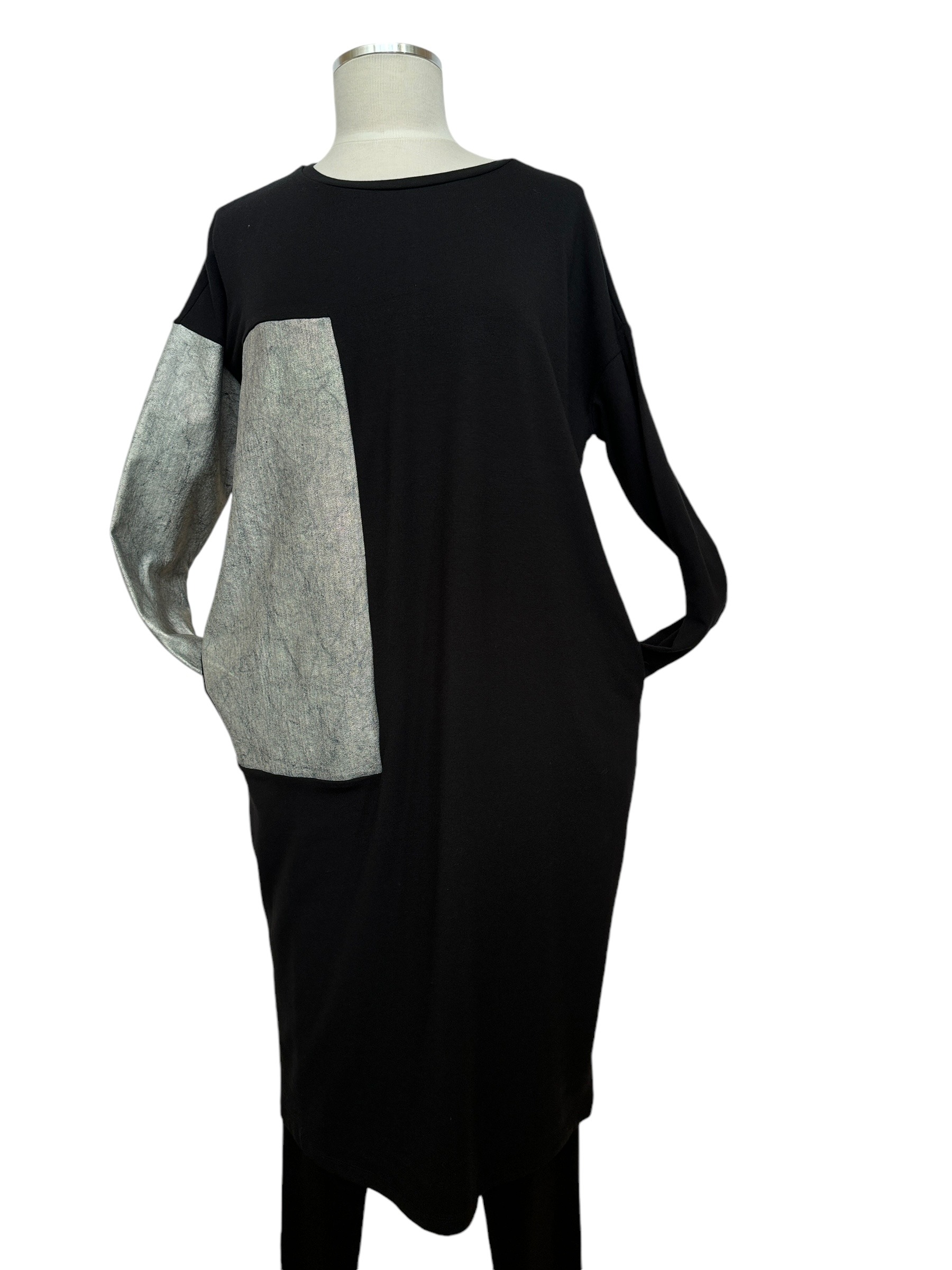 Front image of black knit dress with silver metallic detail & pockets