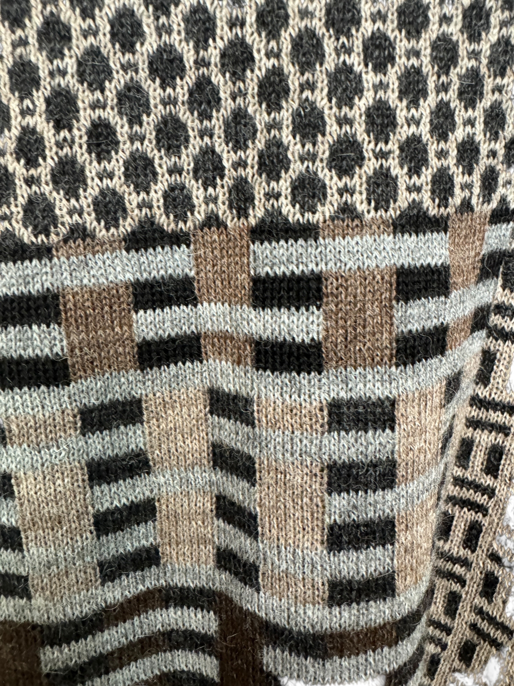 fabric design of knit baby alpaca sweater in brown, black & charcoal