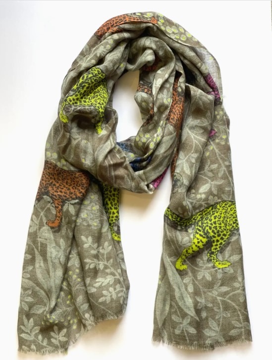 Brown cheetah wool silk scarf